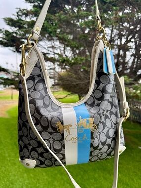 Coach Heritage Signature Stripe Hobo Bag in Black, White & Blue